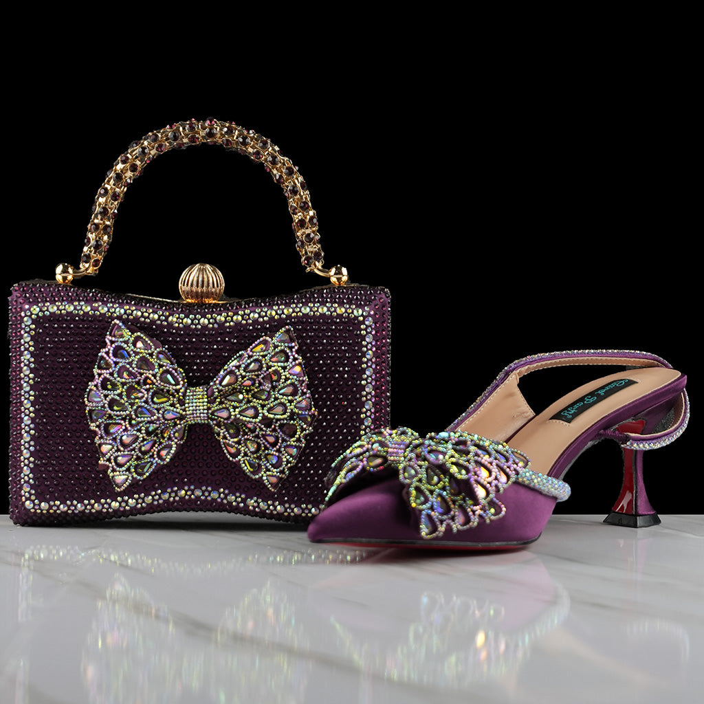 Fashion Pointed Heels Italian Bag and Shoe Set - Purple