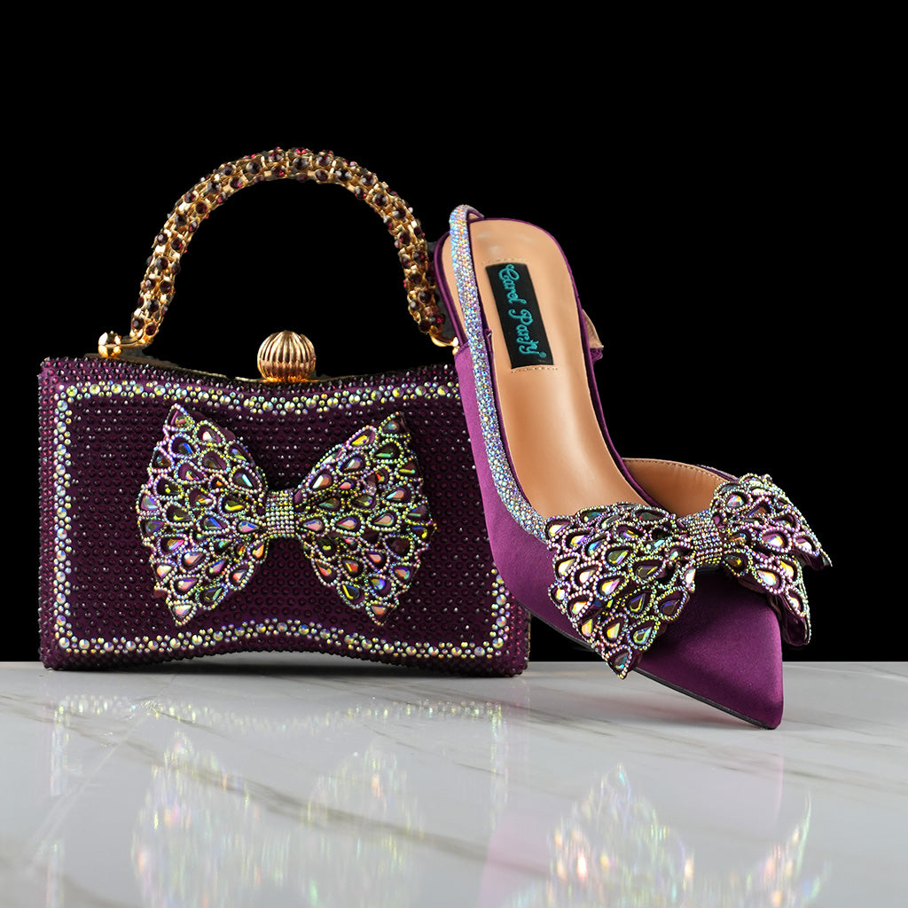 Fashion Pointed Heels Italian Bag and Shoe Set - Purple