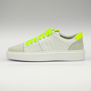 REAL PREMIUM LEATHER FASHION SNEAKERS (CAM. BIANCO + VITE. MICROFORATO + FLUO G)- MADE IN ITALY