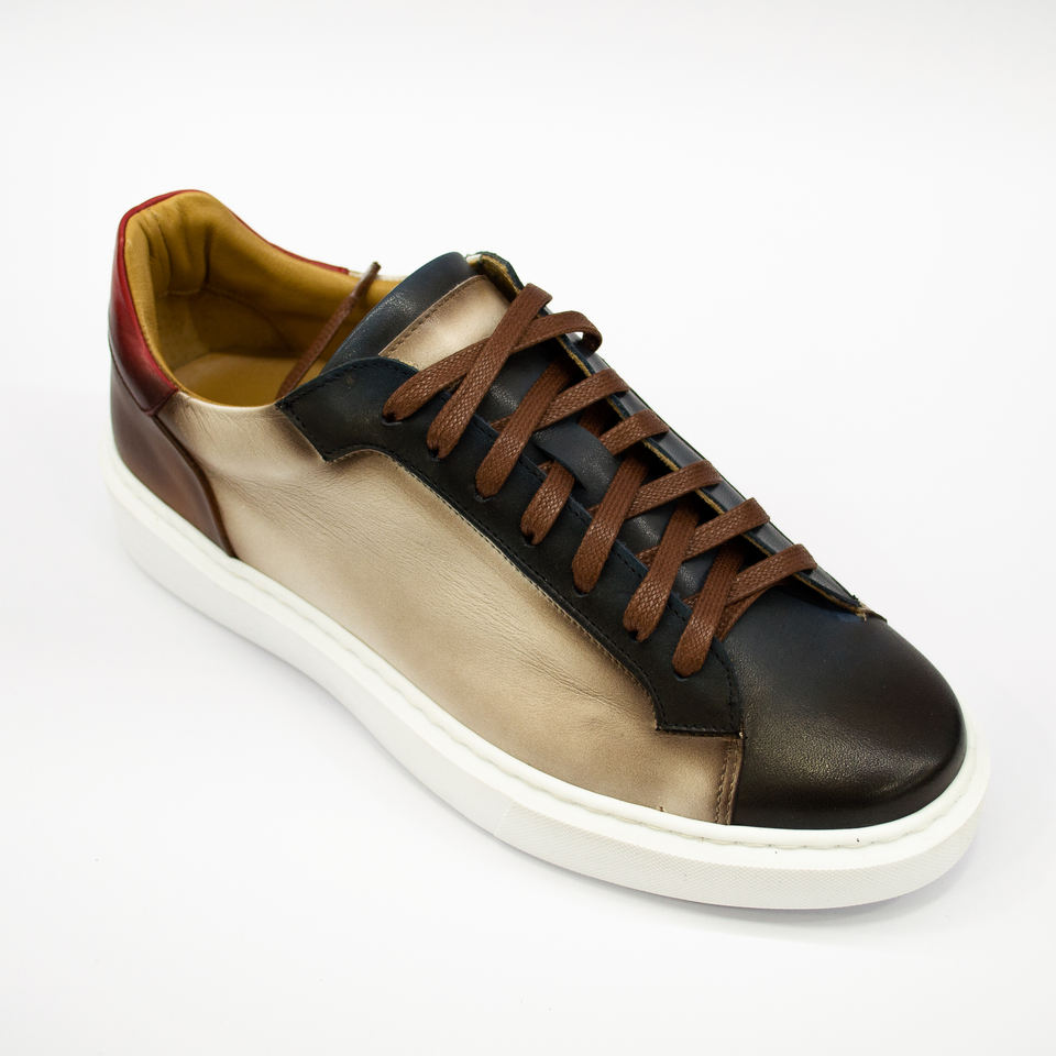 REAL PREMIUM LEATHER FASHION SNEAKERS ( CRUST BLU PANNA LEGNO ROSSO )-MADE IN ITALY