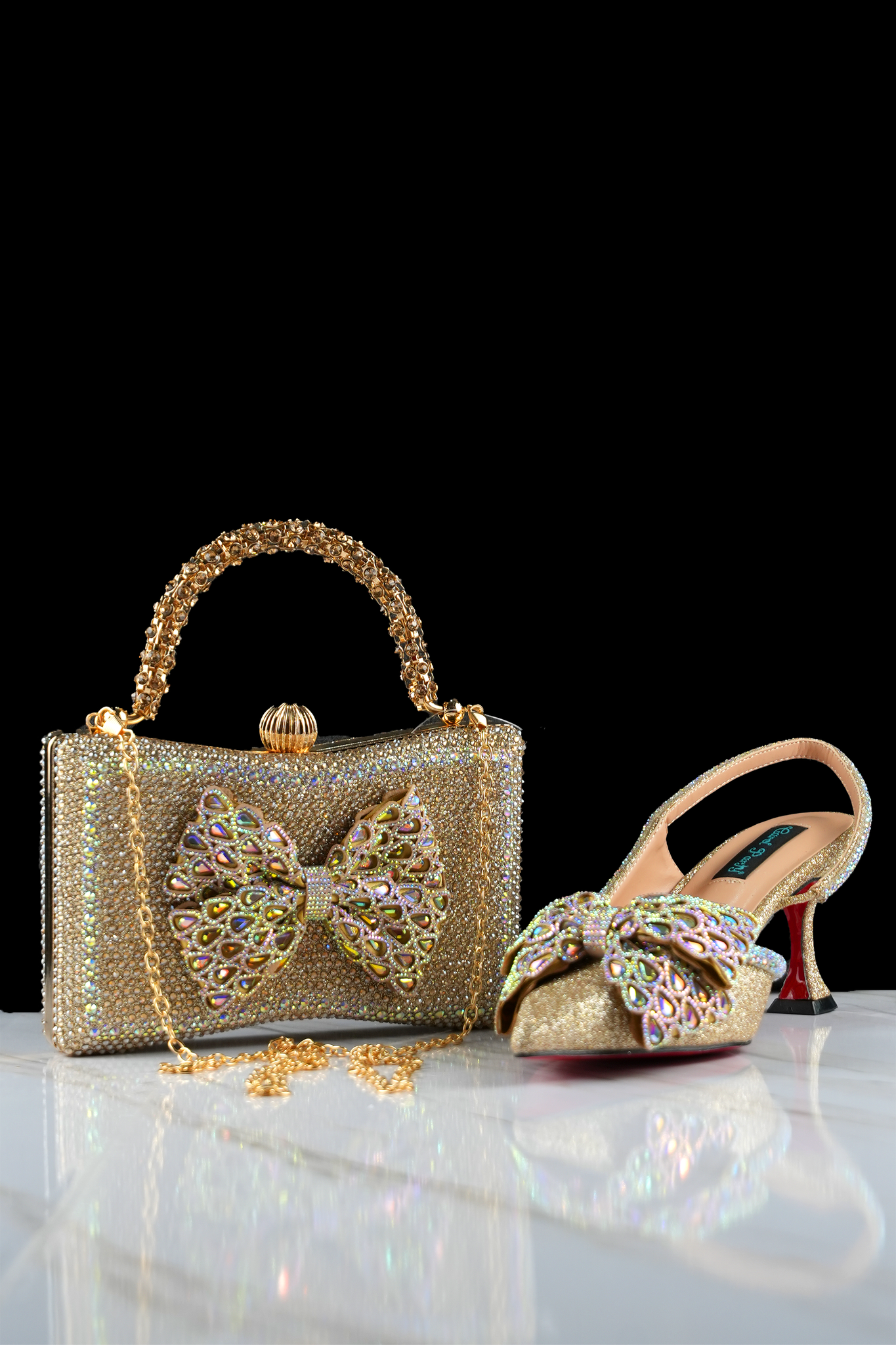 Fashion Pointed Heels Italian Bag and Shoe Set - Gold