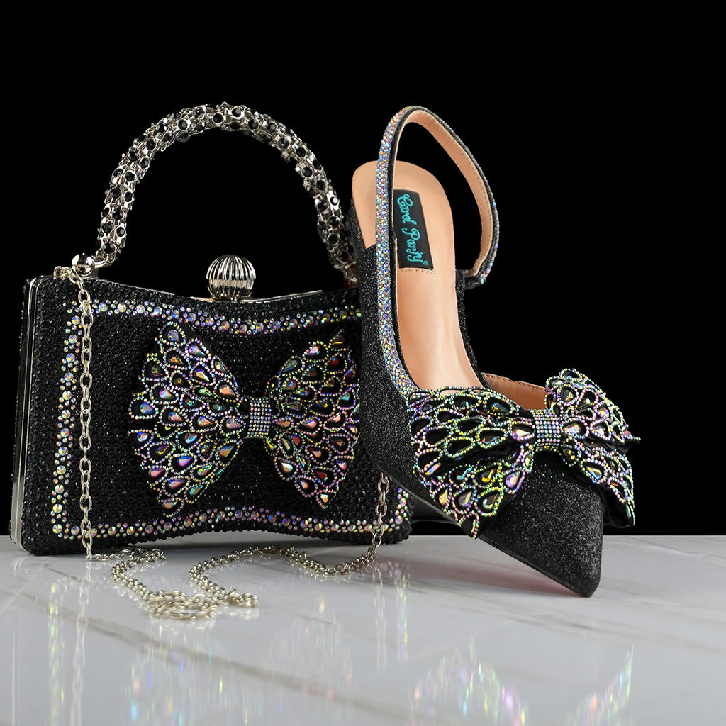 Fashion Pointed Heels Italian Bag and Shoe Set - Black