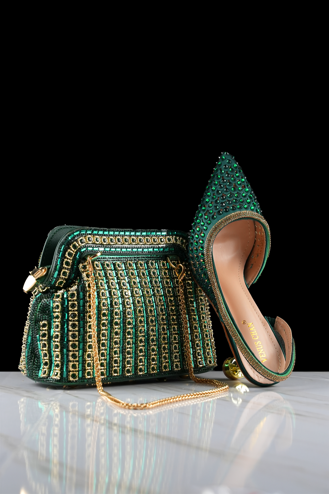 Stiletto High Heels Pointed Shoes and bag - Green
