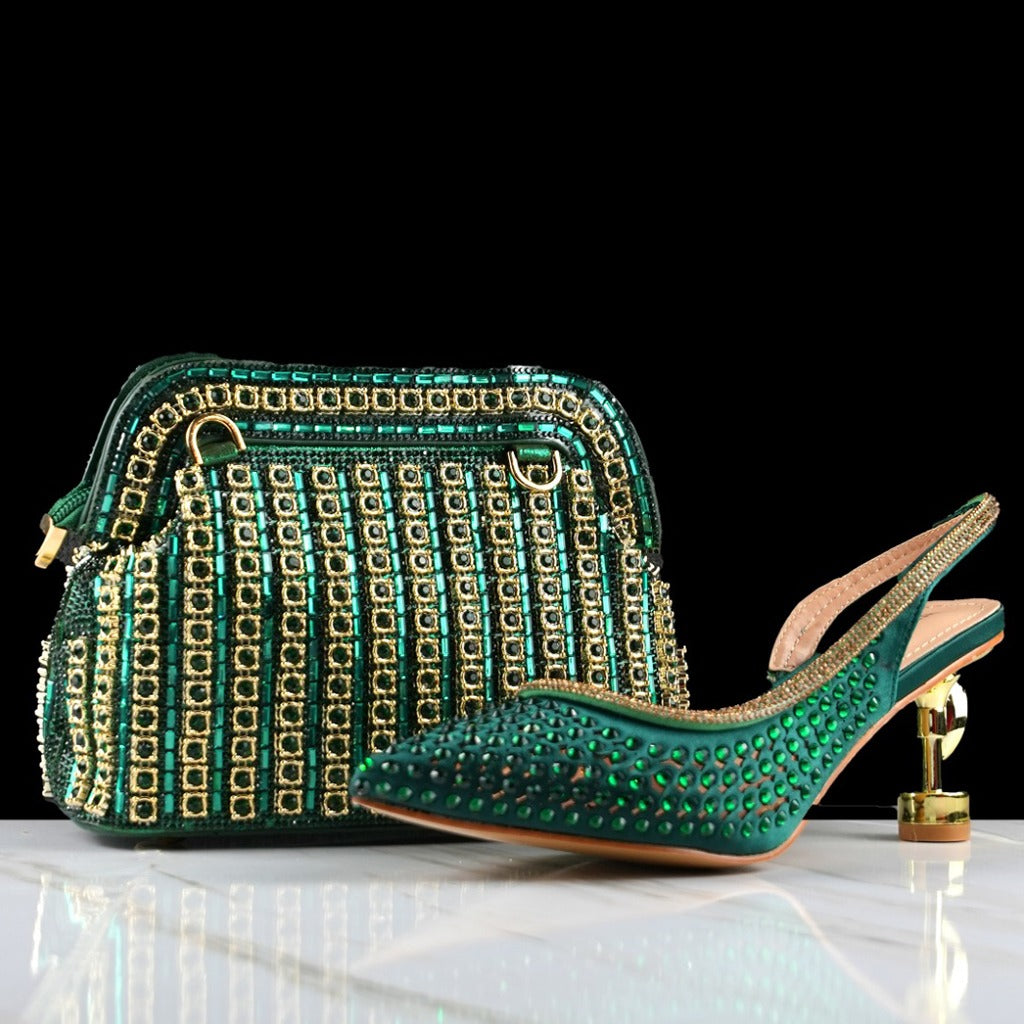 Stiletto High Heels Pointed Shoes and bag - Green