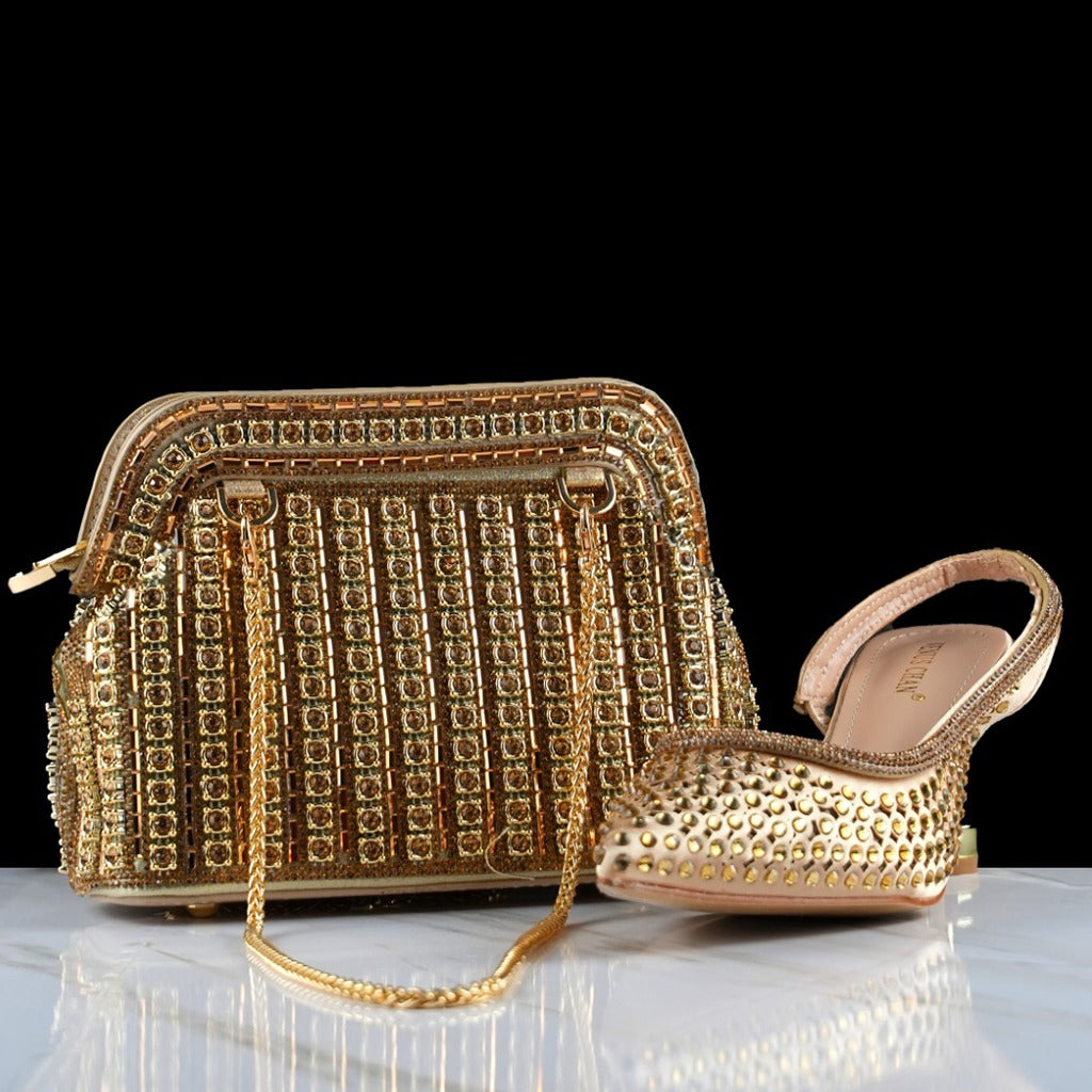 Stiletto High Heels Pointed Shoes and bag - Gold