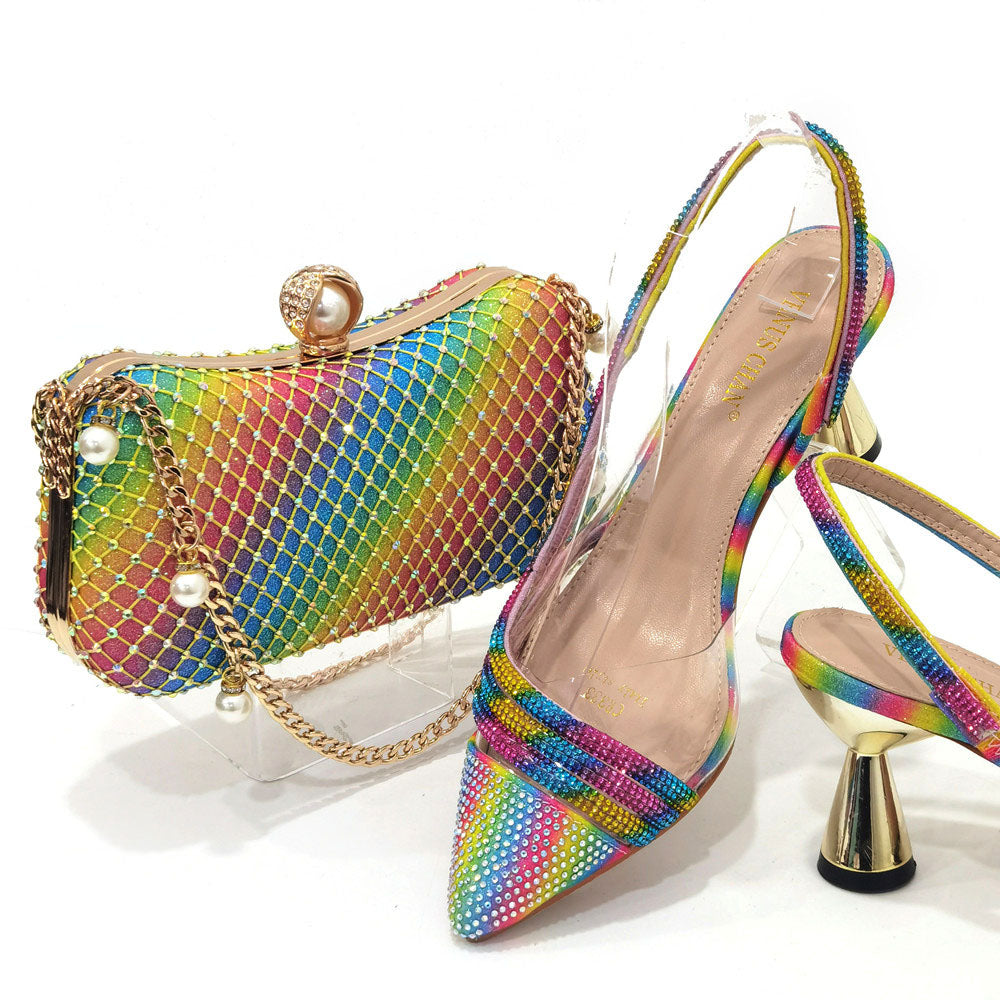Rhinestone luxury Italian High Heels Shoe and Bag