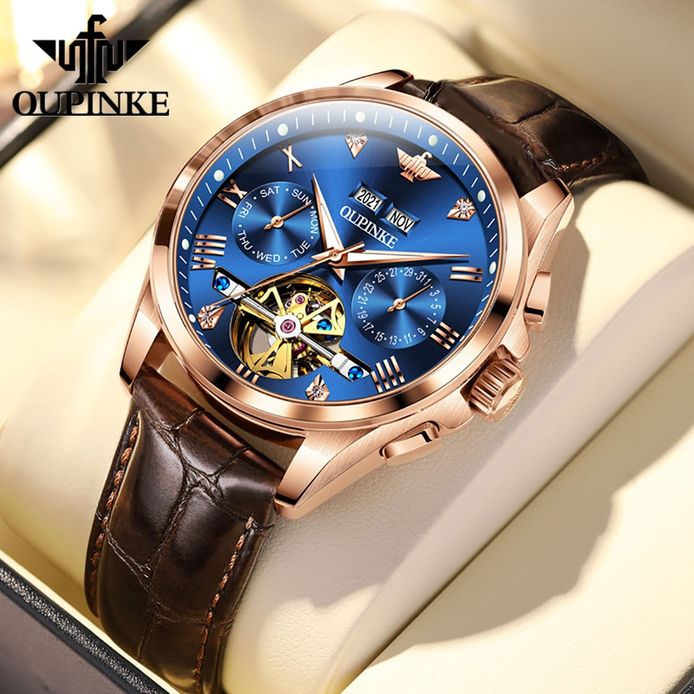 OUPINKE Genuine Leather Strap Blue Watch