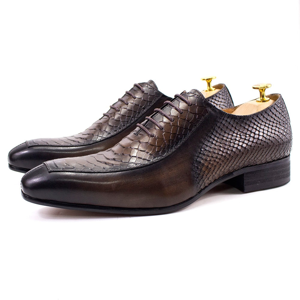 Classic Lace Up Men's Oxfords Genuine Leather Snake Pattern Office Wedding Formal Shoes